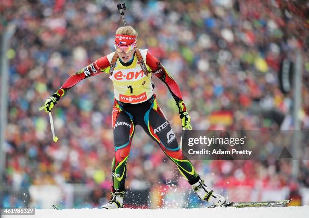 Gabriela Soukalova of the Czech Republic on her way to victory in the womens 10km pursuit on day five of the E.On IBU World Cup Biathlon on January...