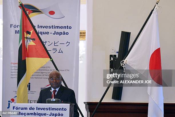 President of Mozambique Armando Guebuza delivers a speech at an investment forum in Maputo on January 12 as part of Japan's Prime minister official...