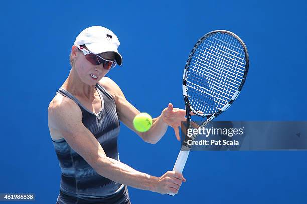 Cara Black of Zimbabwe plays a backhand in their first round mixed doubles match with Juan Sebastian Cabal of Colombia against Yung-Jan Chan of...