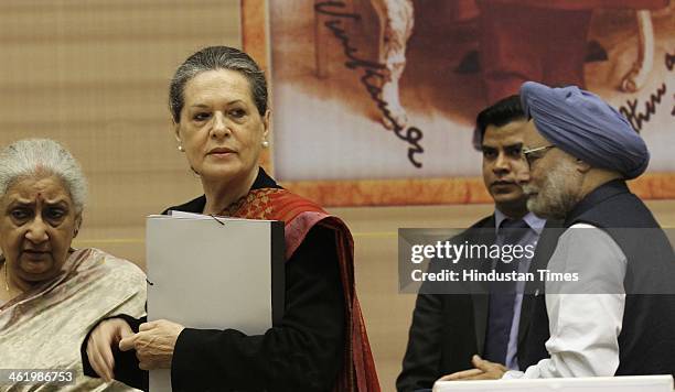 Prime Minister Manmohan Singh, UPA Chairperson Sonia Gandhi and Culture Minister Chandresh Kumari Katoch at the closing ceremony of the commemoration...