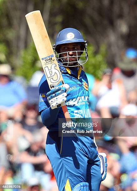 Tillakaratne Dilshan of Sri Lanka acknowledges the crowd after scoring 50 runs during the One Day International match between New Zealand and Sri...