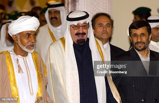 Oman's Sultan Qaboos bin Said Al-Said, left, Saudi Arabia's King Abdullah bin Abdul Aziz Al Saud, center, and Mahmoud Ahmadinejad, Iran's president,...