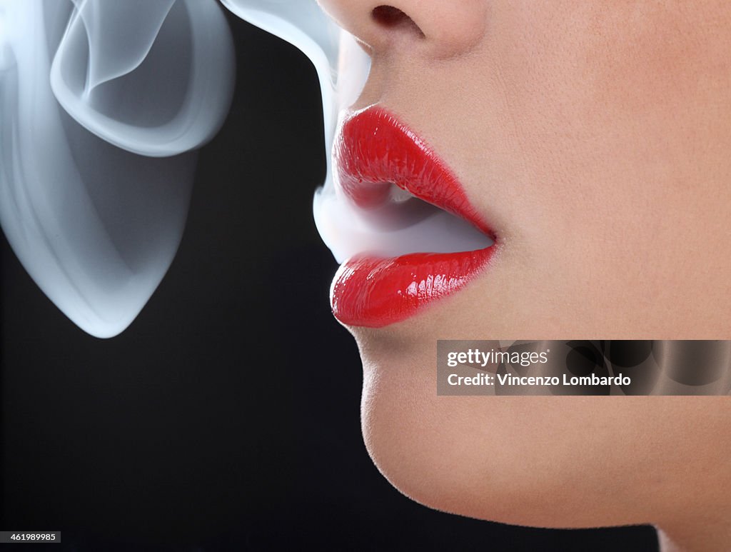 Red lips with smoke