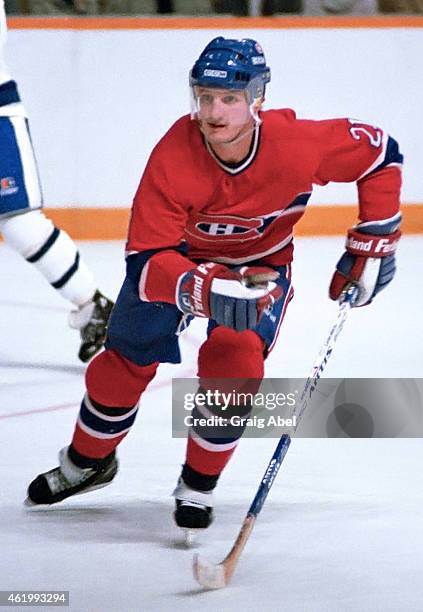Guy Carbonneau of the Montreal Canadiens skates up ice during NHL game action against the Toronto Maple Leafs on December 7, 1985 at Maple Leaf...