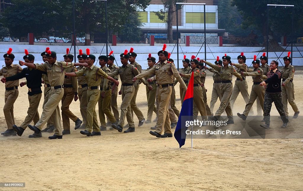 Policemen rehearse  ahead of Republic Day at Police lines in...