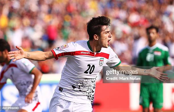 Sardar Azmoun of Iran celebrates scoring a goal during the 2015 Asian Cup match between Iran and Iraq at Canberra Stadium on January 23, 2015 in...