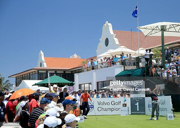 Louis Oosthuizen of South Africa drives from the first tee during the final round of the 2014 Volvo Golf Champions at Durban Country Club on January...