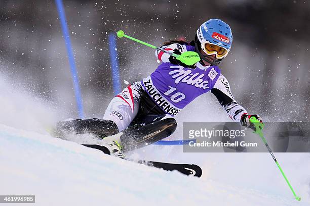 Elisabeth Goergl of Austria races down the course whilst competing in slalom part of the FIS Alpine World Cup Super Combined race on January 12, 2014...