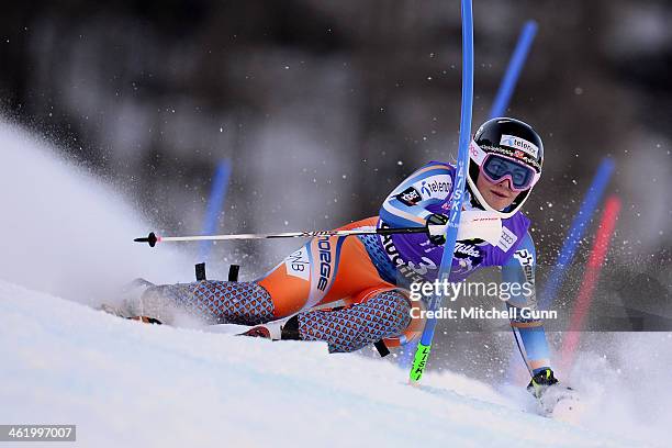 Ragnhild Mowinckel of Norway races down the course whilst competing in slalom part of the FIS Alpine World Cup Super Combined race on January 12,...