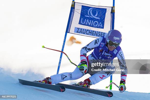 Michaela Kirchgasser of Austria races down the course whilst competing in Super G part of the FIS Alpine World Cup Super Combined race on January 12,...