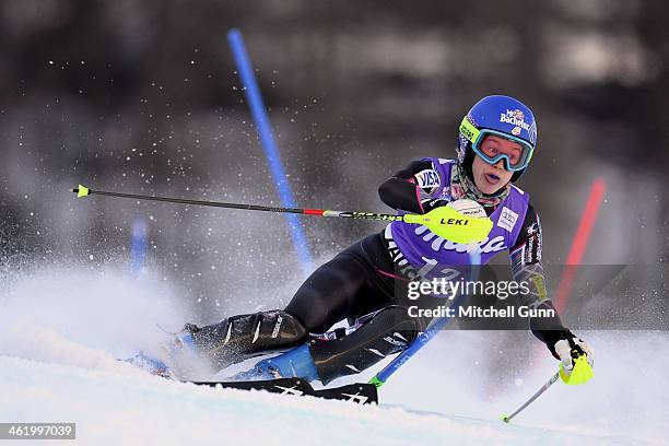 Laurenne Ross of The USA races down the course whilst competing in slalom part of the FIS Alpine World Cup Super Combined race on January 12, 2014 in...