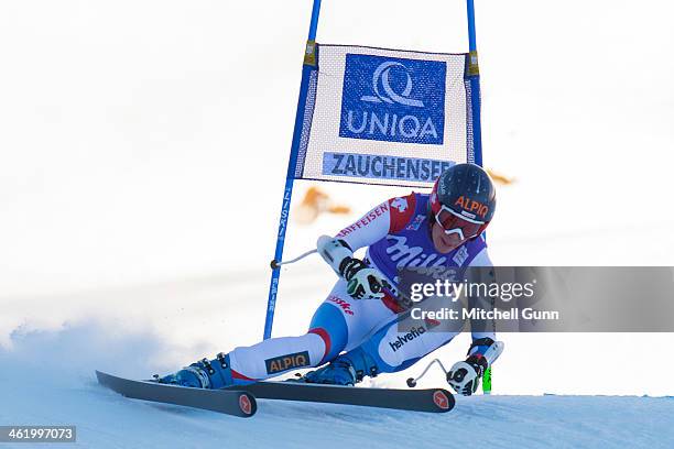 Dominique Gisin of Switzerland races down the course whilst competing in Super G part of the FIS Alpine World Cup Super Combined race on January 12,...