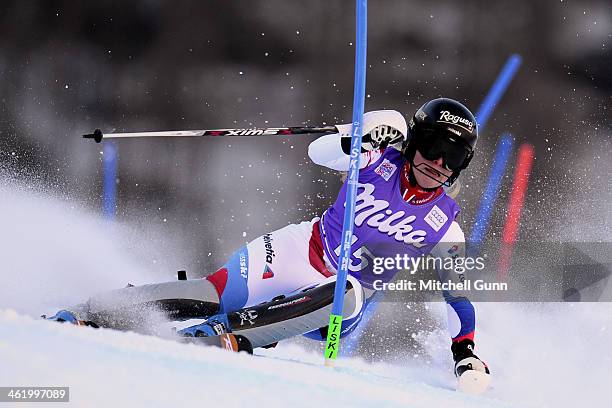 Lara Gut of Switzerland races down the course whilst competing in slalom part of the FIS Alpine World Cup Super Combined race on January 12, 2014 in...