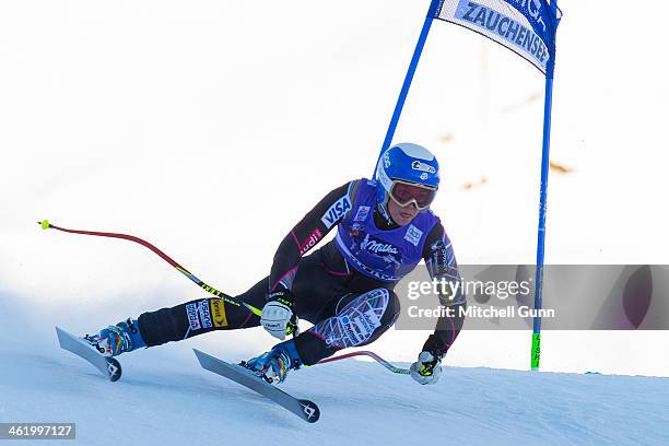 Julia Ford of The USA races down the course whilst competing in Super G part of the FIS Alpine World Cup Super Combined race on January 12, 2014 in...