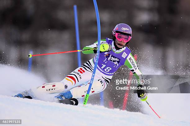 Maria Hoefl-Riesch of Germany races down the course whilst competing in slalom part of the FIS Alpine World Cup Super Combined race on January 12,...