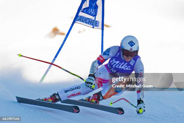 Tina Weirather of Liechtenstein races down the course whilst competing in Super G part of the FIS Alpine World Cup Super Combined race on January 12,...