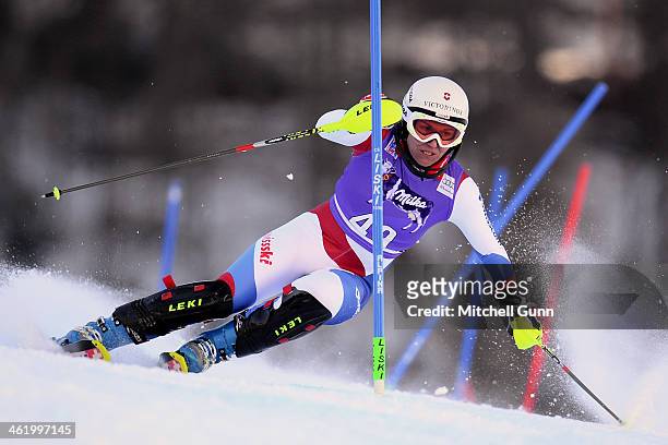 Fabienne Suter of Switzerland races down the course whilst competing in slalom part of the FIS Alpine World Cup Super Combined race on January 12,...