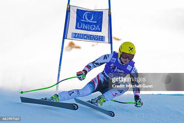 Anna Fenninger of Austria races down the course whilst competing in Super G part of the FIS Alpine World Cup Super Combined race on January 12, 2014...