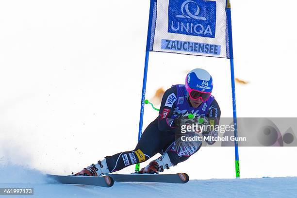 Stacey Cook of The USA races down the course whilst competing in Super G part of the FIS Alpine World Cup Super Combined race on January 12, 2014 in...