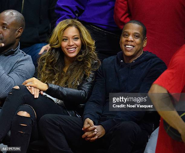 Beyonce and Jay Z attend a basketball game between the Brooklyn Nets and the Los Angeles Clippers at Staples Center on January 22, 2015 in Los...
