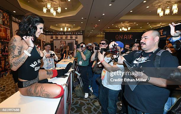 Adult film actress and model Bonnie Rotten poses for attendees at the Digital Playground booth at the 2015 AVN Adult Entertainment Expo at the Hard...