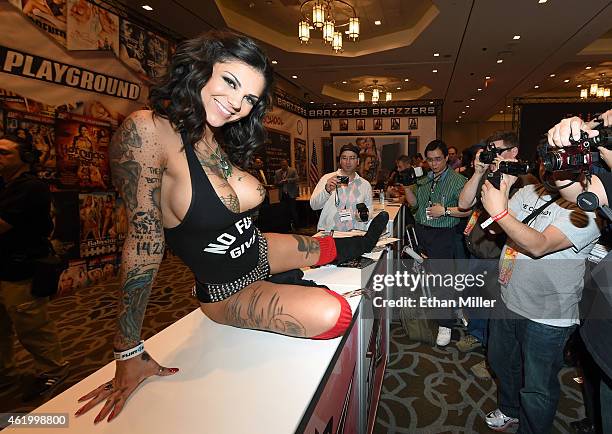 Adult film actress and model Bonnie Rotten poses for attendees at the Digital Playground booth at the 2015 AVN Adult Entertainment Expo at the Hard...