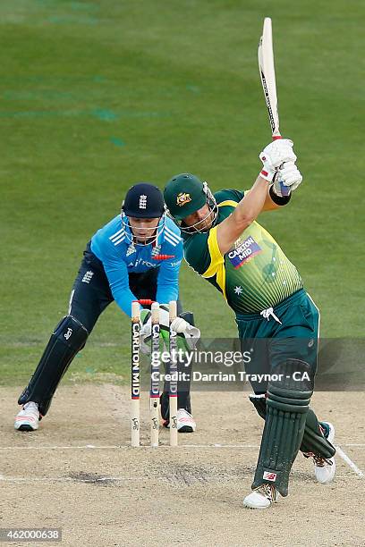 Aaron Finch of Australia is bowled by Moeen Ali of England during the One Day International Tri Series match between Australia and England at...