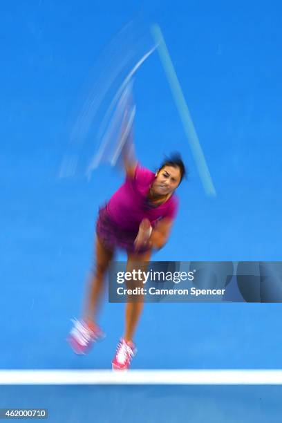 Zarina Diyas of Kazakhstan serves in her third round match against Maria Sharapova of Russia during day five of the 2015 Australian Open at Melbourne...