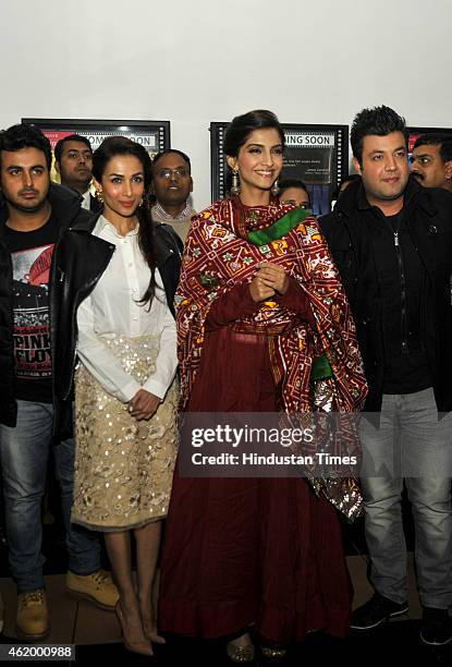 Bollywood director Abhishek Dogra with actors Malaika Arora Khan, Sonam Kapoor and Varun Sharma during a promotional event for their upcoming film...