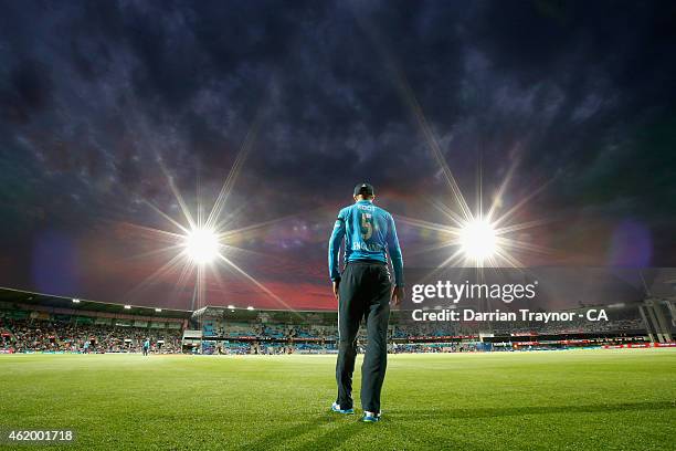 Joe Root of England fields on the boundary line during the One Day International Tri Series match between Australia and England at Blundstone Arena...