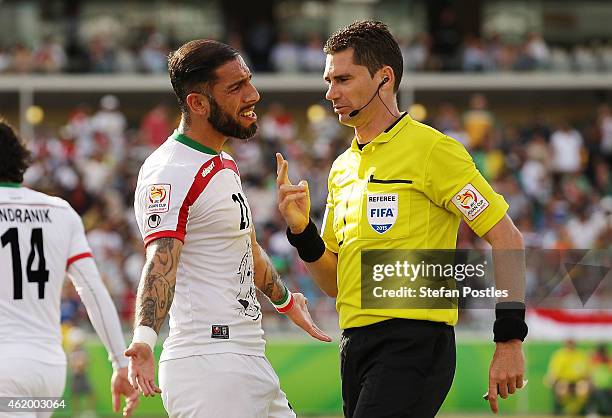 Ashkan Dejagah of Iran appeals to the referee during the 2015 Asian Cup match between Iran and Iraq at Canberra Stadium on January 23, 2015 in...