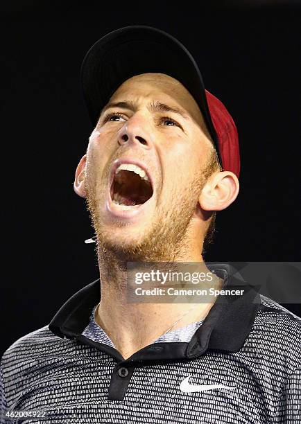 Dudi Sela of Israel shows his frustration in his third round match Rafael Nadal of Spain during day five of the 2015 Australian Open at Melbourne...