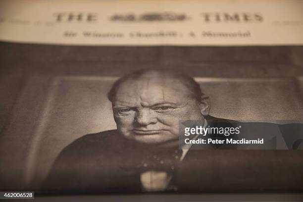 Souvenir edition of The Times from the day of Winston Churchill's state funeral is displayed at Chartwell on January 23, 2015 in Westerham, England....