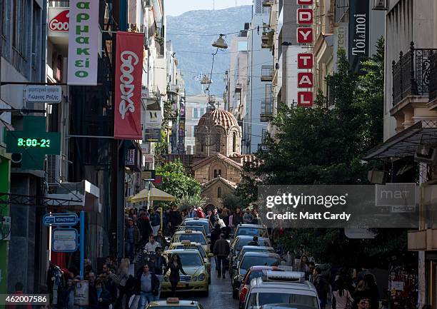 Old church is glimpsed down a side street ahead of the general election on Sunday on January 23, 2015 in Athens, Greece. According to the latest...