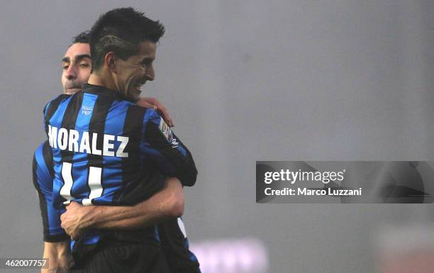 Maximiliano Moralez of Atalanta BC celebrates his goal with his team-mate Davide Brivio during the Serie A match between Atalanta BC and Calcio...