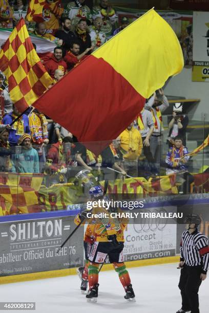 Asiago's Paul Zanette is congratulated by teammate Michele Strazzabosco after scoring a goal during a final Continental Cup Hockey League match...