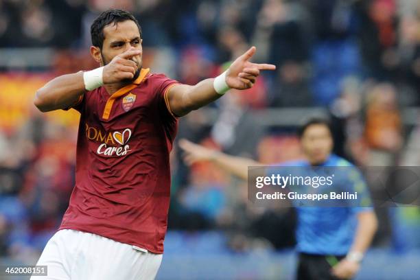 Mehdi Benatia of Roma celebrates after scoring the goal 4-0 during the Serie A match between AS Roma and Genoa CFC at Stadio Olimpico on January 12,...