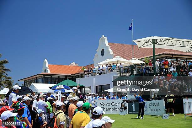 Tommy Fleetwood of England plays his tee shot on the par 4, first hole during the final round of the 2014 Volvo Golf Champions at Durban Country Club...
