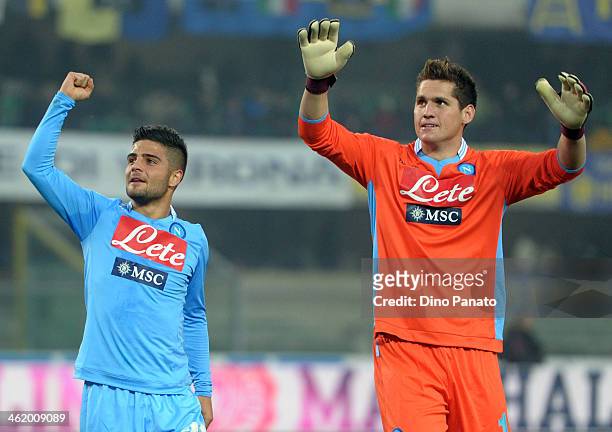 Lorenzo Insigne and Rafael Cabral Barbosa goalkeeper of SSC Napoli celebrates victory after the Serie A match between Hellas Verona FC and SSC Napoli...