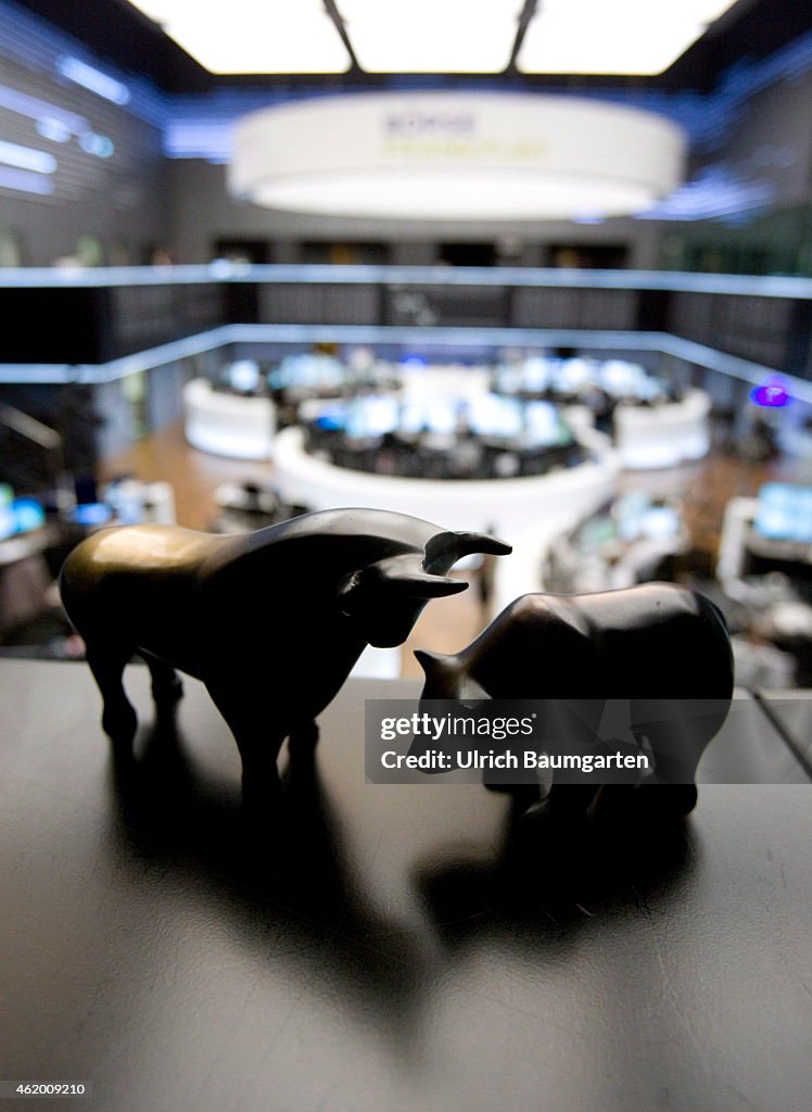 Bull And Bear In The Trading Hall Of The Frankfurt Stock Exchange.