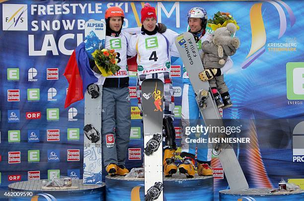 First placed Russia's Andrey Sobolev , second placed Slovenia's Zan Kosir and third placed Austria's Benjamin Karl with his daughter celebrate on the...