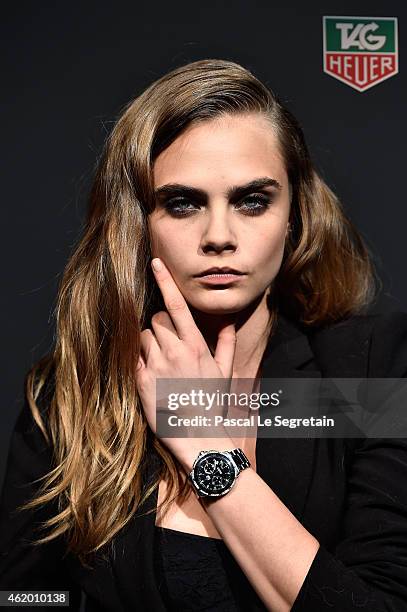 Model Cara Delevingne poses as she joins TAG Heuer as Brand Ambassador to launch the new 2015 campaign at Palais des Beaux-Arts on January 23, 2015...