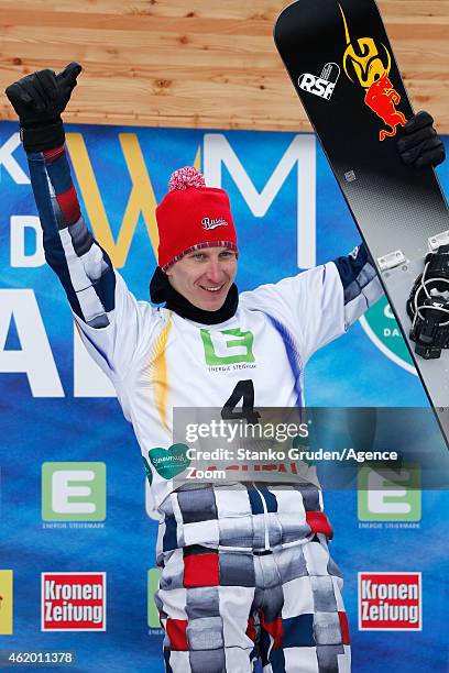 Andrey Sobolev of Russia takes 1st place during the FIS Snowboard World Championships Men's and Women's Parallel Giant Slalom on January 23, 2015 in...