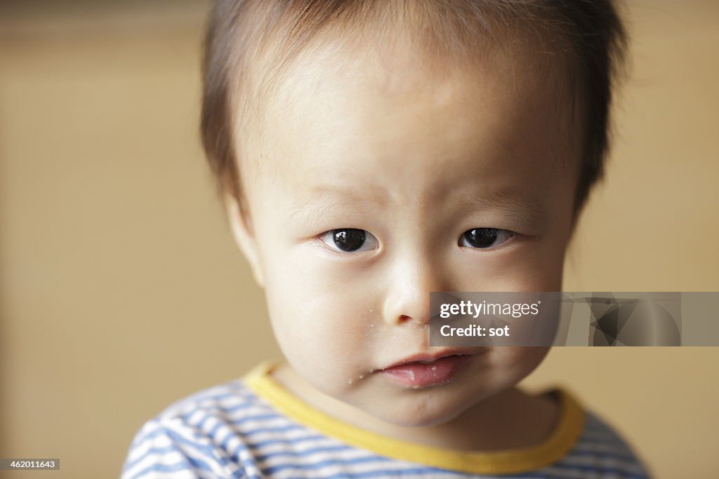 Portrait of baby boy making face,close up