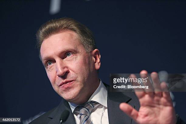 Igor Shuvalov, Russia's first deputy prime minister, gestures as he speaks during a session on day three of the World Economic Forum in Davos,...