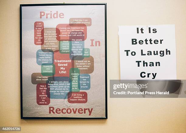 Posters on display near the dosage windows at the CAP Quality Care clinic, which offers methadone treatment to patients as apart of their substance...