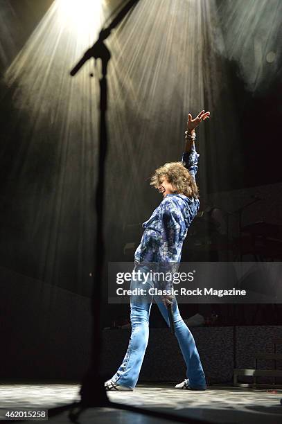 Frontman Kelly Hansen of American rock group Foreigner performing live on stage at the Hammersmith Apollo in London, on April 13, 2014.