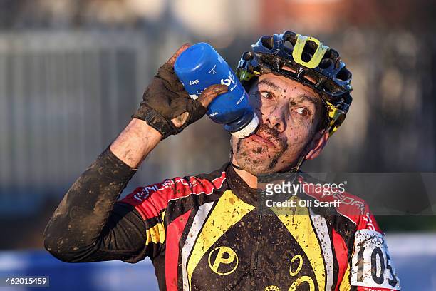 Rider takes a drink after competing in the Veteran Men's 40-49 Championship at the 2014 National Cyclo-Cross Championships at Moorways Leisure Centre...