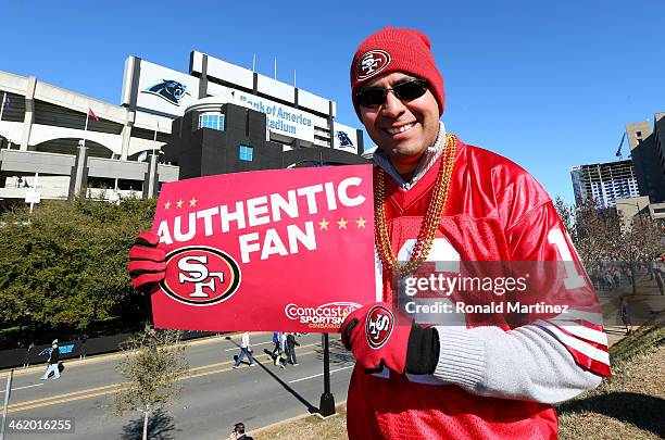 San Francisco 49ers fan poses outside the stadium prior to the NFC Divisional Playoff Game against the Carolina Panthers at Bank of America Stadium...