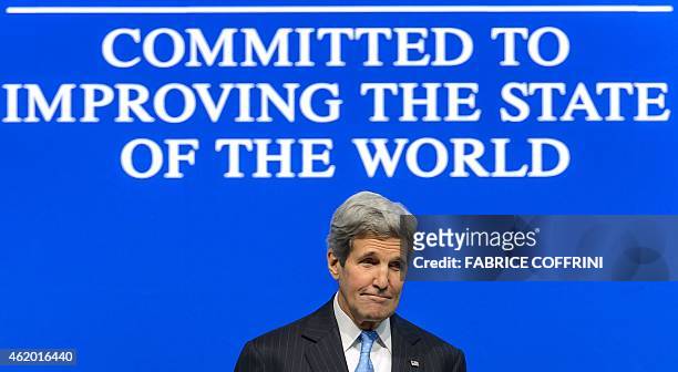 Secretary of State John Kerry gestures on January 23, 2015 during a speech at the World Economic Forum annual meeting in Davos. AFP PHOTO / FABRICE...